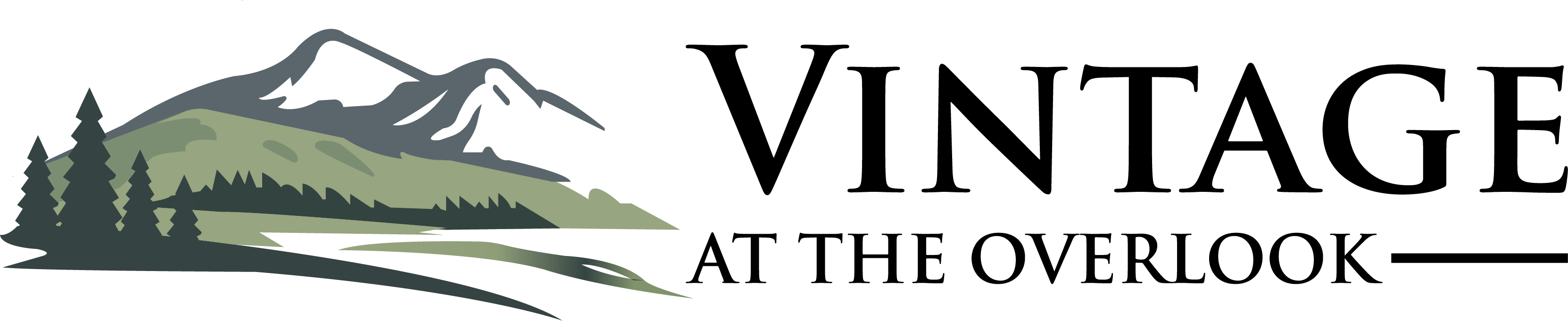 A graphic with the words "Vintage at the Overlook" in front of a mountain landscape.